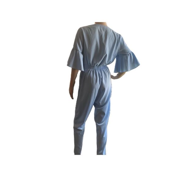 SHEIN Light Blue Bell Sleeves V-Neck Elastic Waist Tie Jumpsuit Size S - Picture 9 of 15